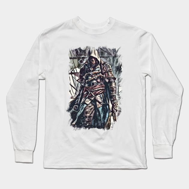 Pirate king of the seas / Fan Art Abstract Portrait Long Sleeve T-Shirt by Naumovski